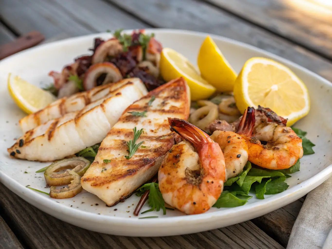 A beautifully plated image of Olatu Restaurant's main courses, featuring dishes like grilled fish, pasta, and Indonesian specialties, presented with colorful garnishes and a sunset backdrop.