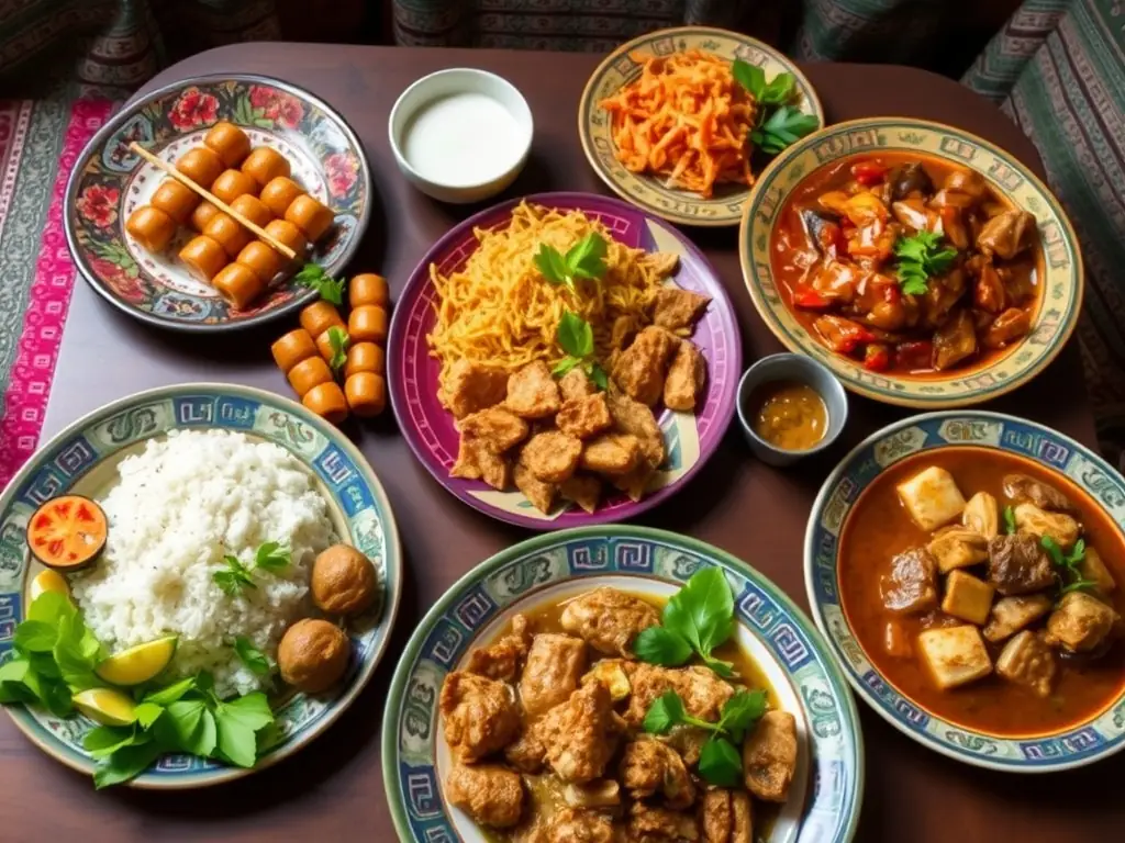 A selection of traditional Indonesian dishes, such as nasi goreng, gado-gado, and sate, presented with colorful garnishes at Olatu Restaurant.