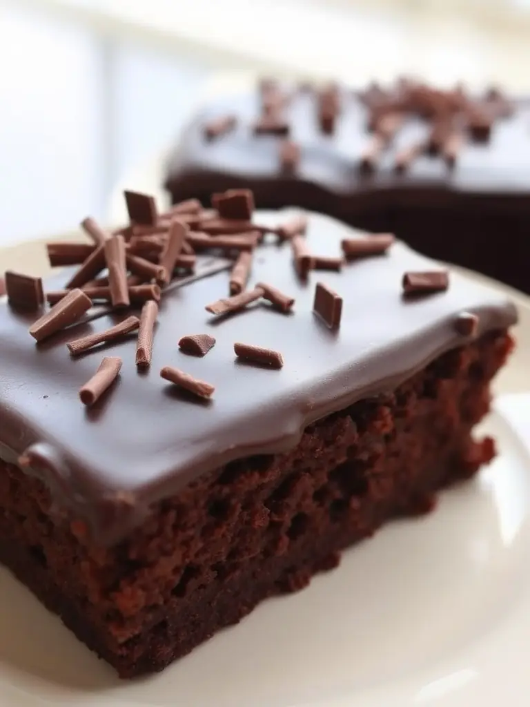 A slice of rich chocolate cake with a glossy ganache frosting, served on a plate with a fork.