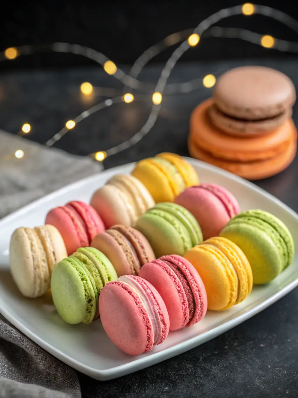 A colorful assortment of macarons in various flavors, arranged in an elegant display case.